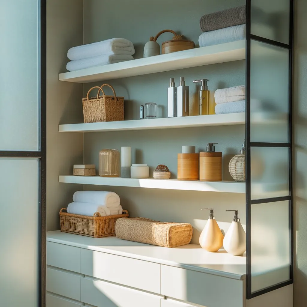 Bathroom Design Ideas for a Luxury Look 13 Organized bathroom with floating shelves and storage baskets