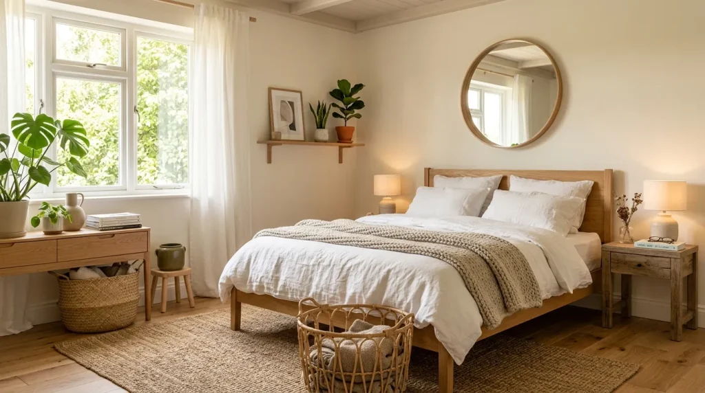 5 Cozy Bedroom Inspiration Ideas to Create a Warm and Relaxing Retreat 4 Bedroom inspiration with natural wood furniture, indoor plants, and woven décor