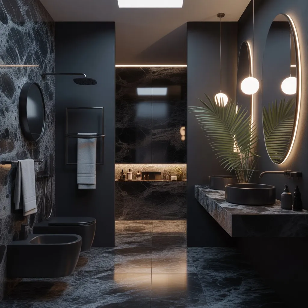 Bathroom Design Ideas for a Luxury Look 4 Modern black bathroom with sleek fixtures and elegant lighting