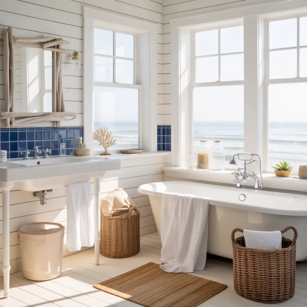 Bathroom Design Ideas for a Luxury Look 12 Coastal bathroom with light blue accents and natural textures
