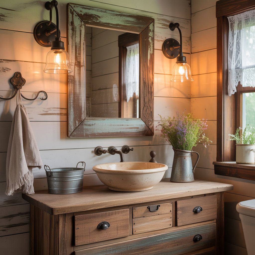Bathroom Design Ideas for a Luxury Look 5 Farmhouse bathroom with wooden vanity and vintage mirror
