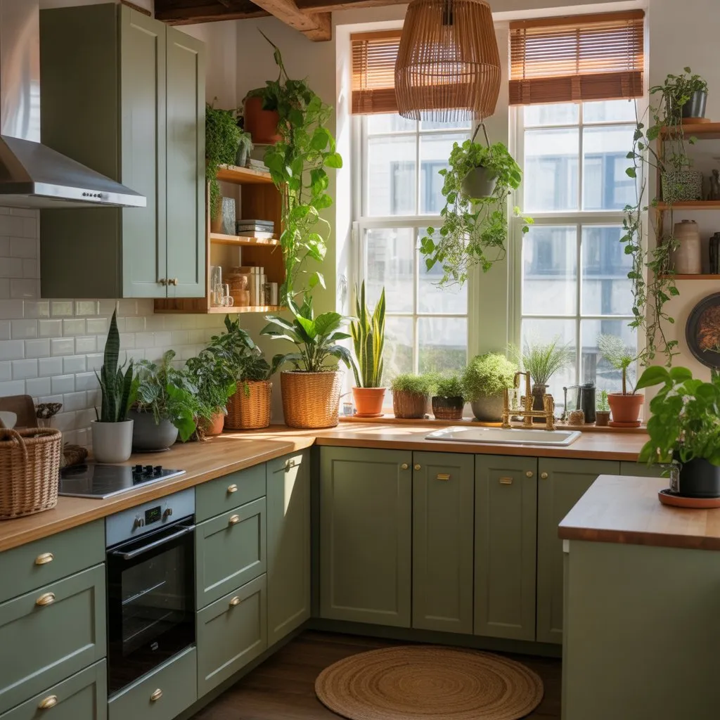 8 Modern Kitchen Decor Ideas for Stylish Homes 9 Green kitchen interior with indoor plants and natural textures