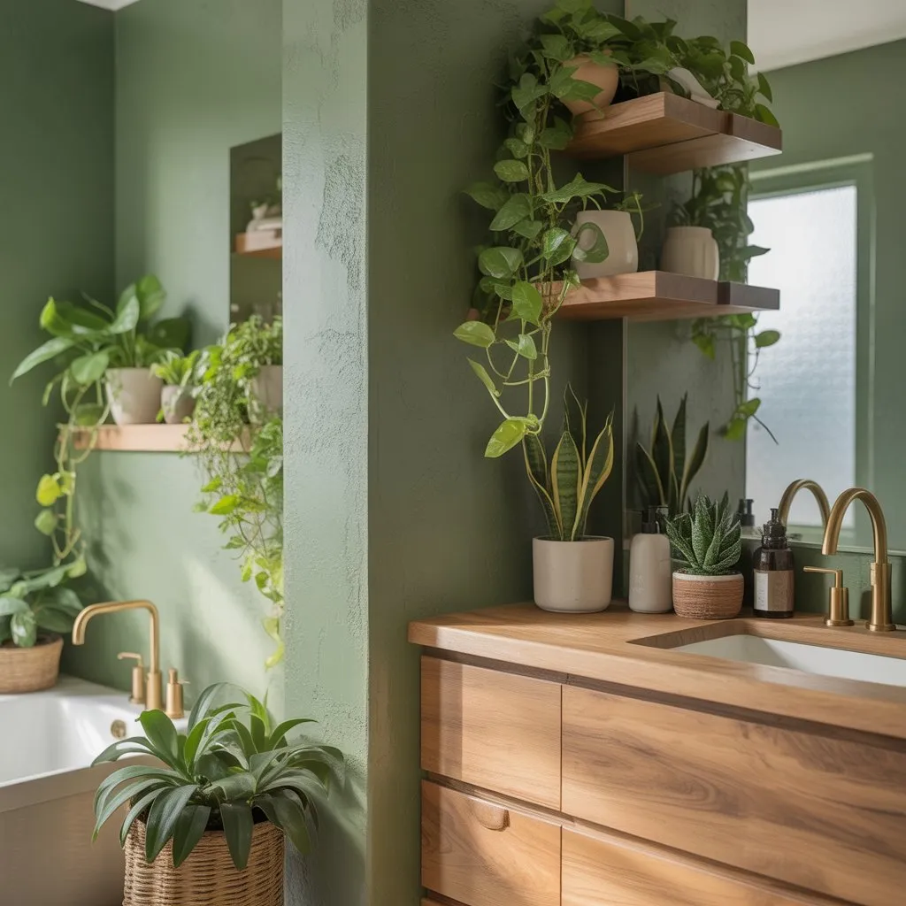 Bathroom Design Ideas for a Luxury Look 9 Green bathroom with plants and natural textures