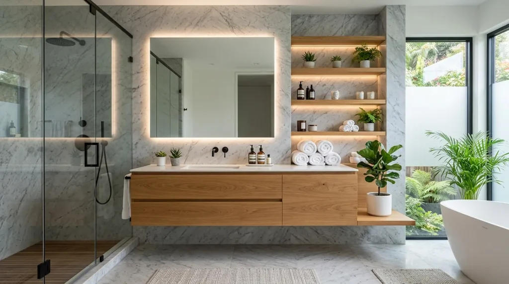 Bathroom Design Ideas for a Luxury Look 4 Bathroom Design featuring floating vanity with built-in smart storage