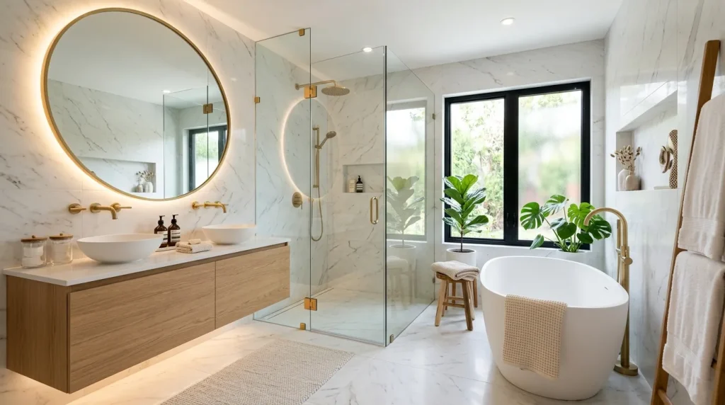 Bathroom Design Ideas for a Luxury Look 2 Bathroom Design featuring white marble walls, floating vanity, and gold fixtures