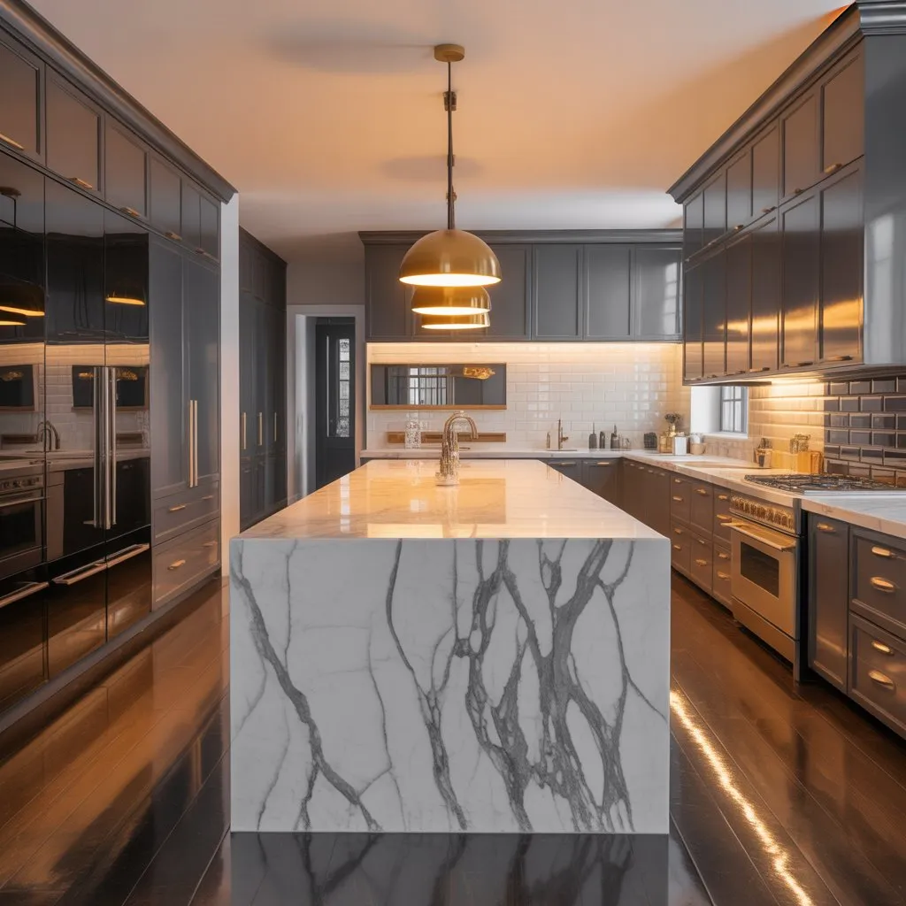 8 Modern Kitchen Decor Ideas for Stylish Homes 4 Luxury kitchen interior with marble countertops and elegant lighting