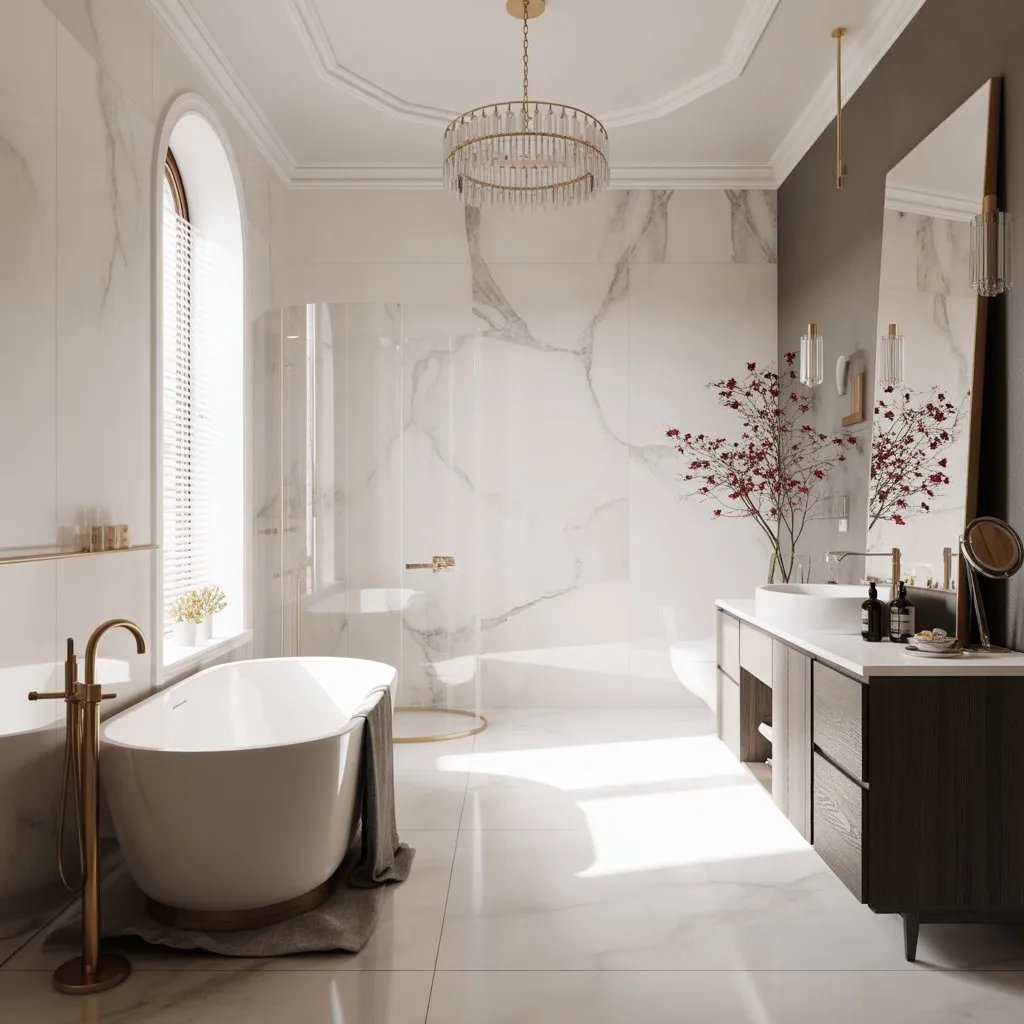 Bathroom Design Ideas for a Luxury Look 10 Luxury marble bathroom with gold accents and modern fixtures