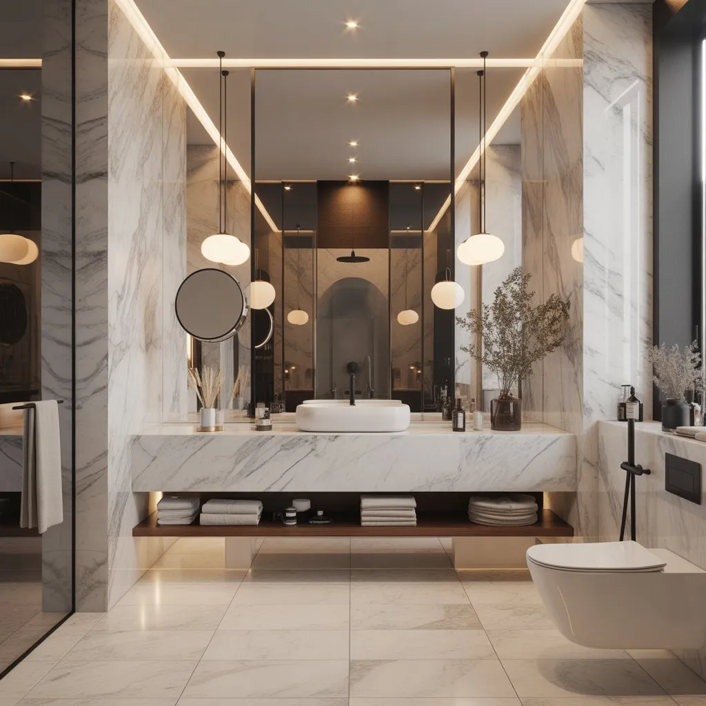Bathroom Design Ideas for a Luxury Look 2 Modern luxury bathroom with marble walls and elegant lighting