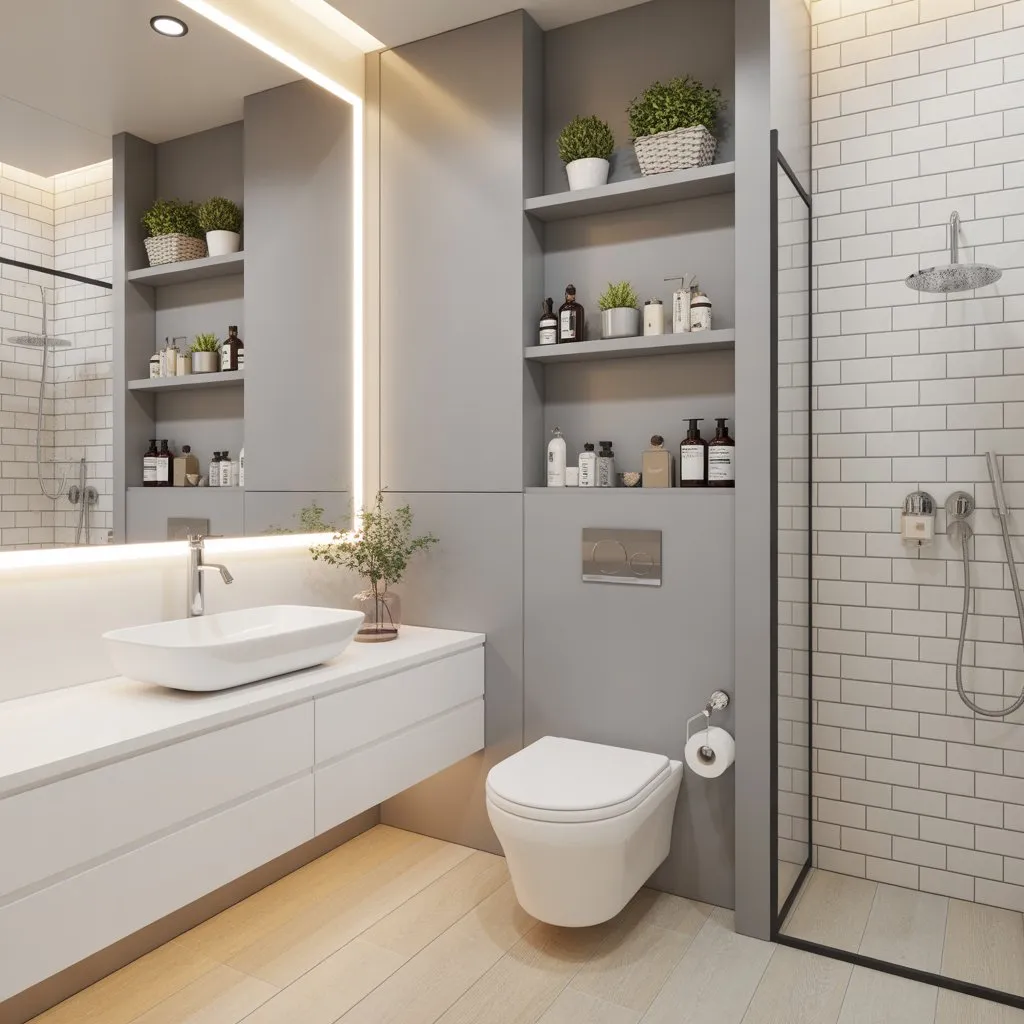Bathroom Design Ideas for a Luxury Look 3 Small bathroom with floating shelves and compact vanity
