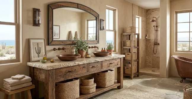 Western Bathroom Colors: 15 Rustic and Timeless Ideas for Your Home 2 Western bathroom colors featuring warm beige walls and rustic wood accents