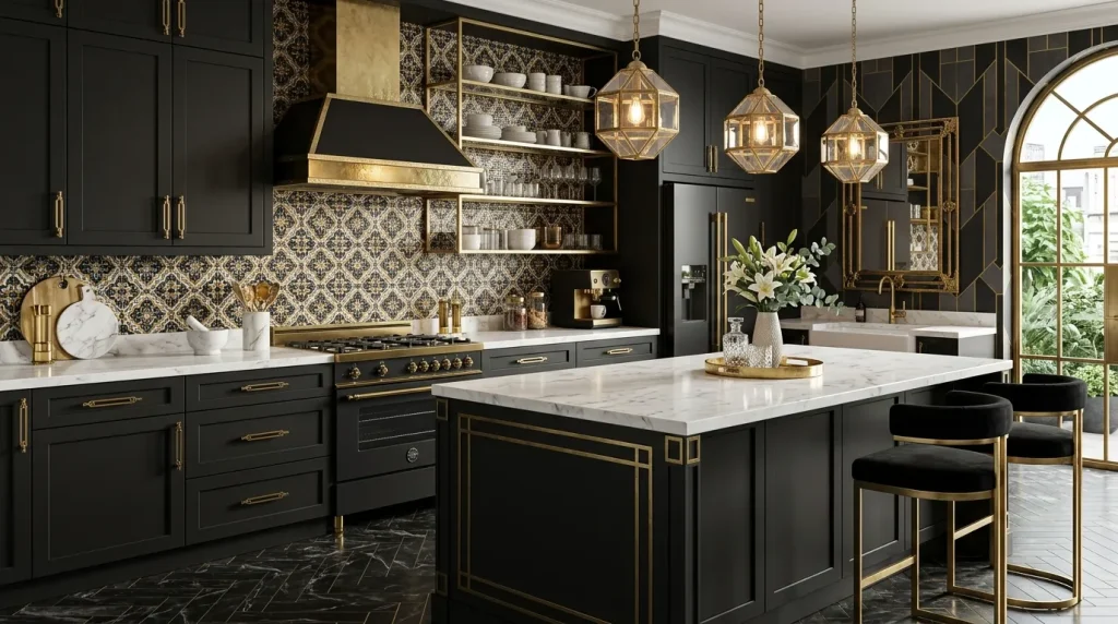 Black Kitchen Cabinets: 35 Stunning Design Ideas for a Modern, Luxurious Kitchen 4 Art Deco kitchen with black cabinets and brass lighting.