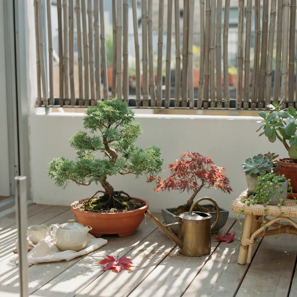 Japanese Balcony Ideas for Small Homes and Apartments 6 Japanese balcony with bamboo privacy screen and outdoor seating.