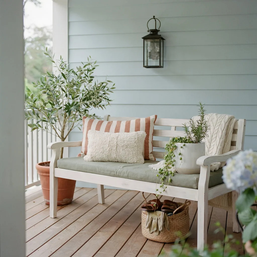 Bench on Front Porch Ideas: Charming Ways to Style a Welcoming Entryway 8 Bench ideas for porch seating area with outdoor accessories.