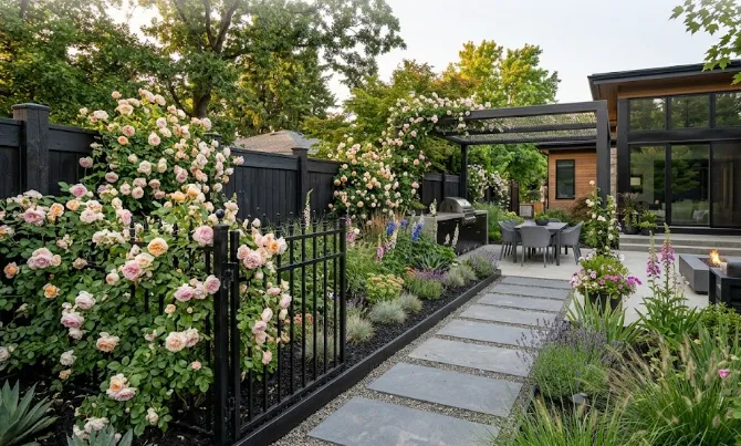 Cheap Garden Fence Ideas: 15 Budget-Friendly DIY Garden Fences for Every Backyard 5 Elegant black painted garden fence covered with blooming climbing roses.