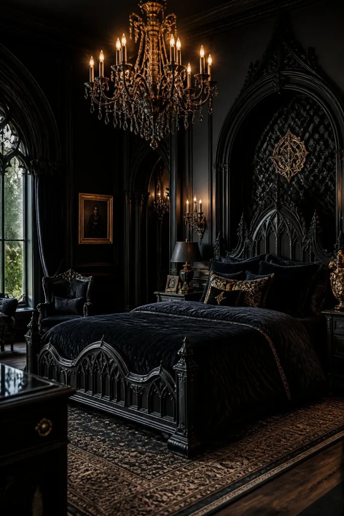 Gothic Bedroom Ideas: Romantic Gothic Bedroom Design Guide for a Dark & Luxurious Space 4 black gothic bedroom with luxury decor and gold accents