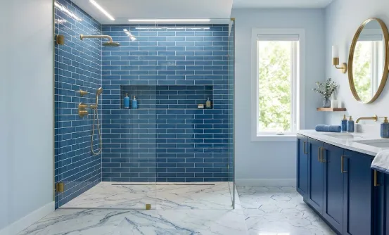 Blue Decor for Bathroom: 15 Stylish Ideas to Create a Fresh and Relaxing Space 3 Bathroom with glossy blue subway tile wall.