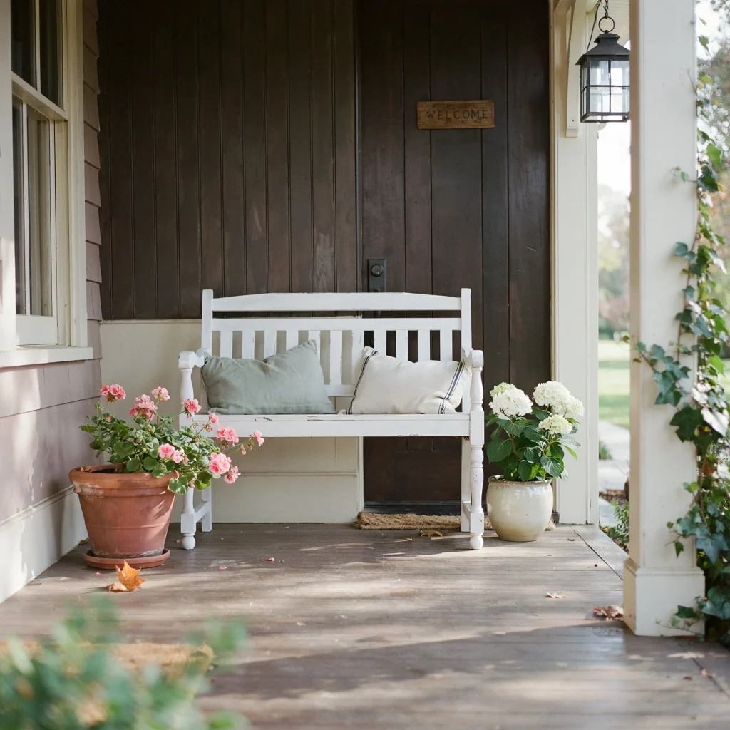 Bench on Front Porch Ideas: Charming Ways to Style a Welcoming Entryway 2 Classic bench on front porch with decorative pillows.