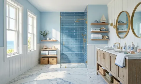 Blue Decor for Bathroom: 15 Stylish Ideas to Create a Fresh and Relaxing Space 4 Coastal bathroom with soft blue walls.