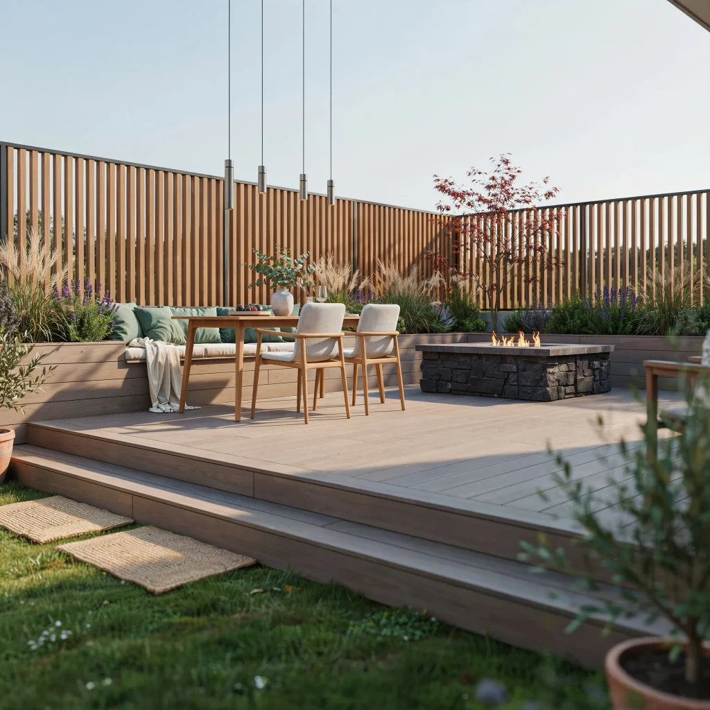 Composite Decking Ideas with Steps for a Beautiful Backyard Upgrade 7 Composite decking with steps surrounding a backyard fire pit.