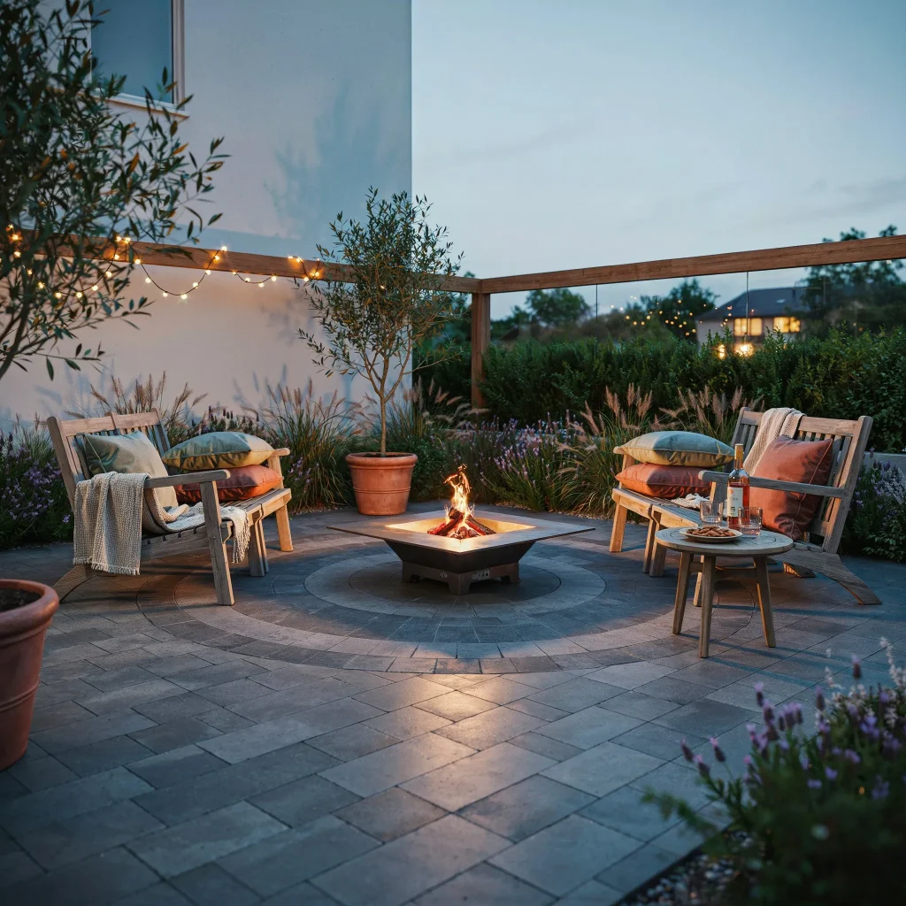 Small Patio Designs with Pavers: Creative Ideas for Stylish Outdoor Spaces 3 Modern covered patio with pavers and outdoor lounge furniture.