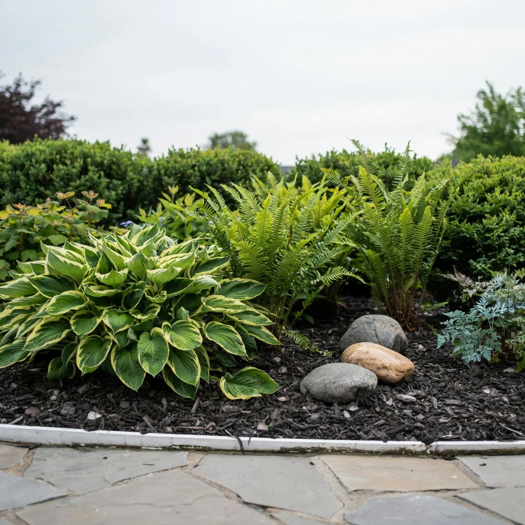 Hosta Garden Layout Ideas (Transform Shady Spaces into Stunning Garden Retreats) 3 Corner garden bed filled with hostas, ferns, and decorative stones.