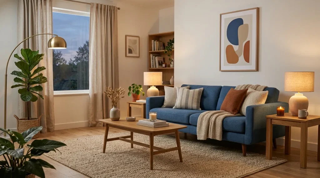 Blue Room Ideas: 25 Beautiful Ways to Create a Stylish and Relaxing Space 5 Cozy blue sofa living room with wooden furniture and textured decor