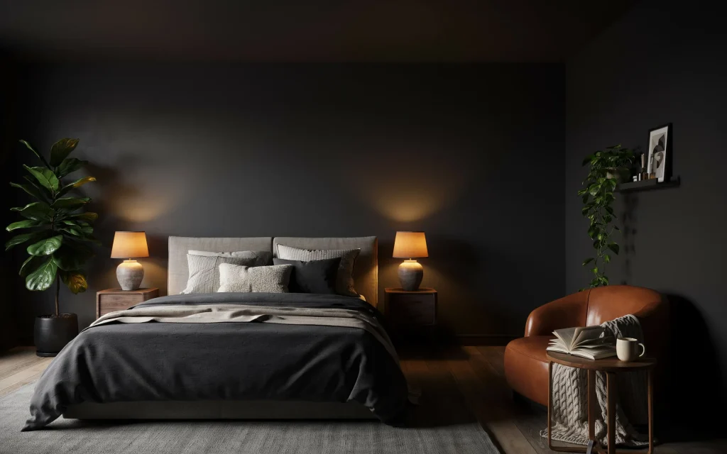 Dark Bedroom Ideas: Transform Your Space with Elegant and Cozy Designs 4 Cozy Dark Bedroom Scene with Ambient Lighting