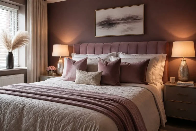 Mauve Bedroom Ideas: Complete Guide to Elegant, Modern & Cozy Interiors 4 cozy mauve bedroom decor with layered fabrics and warm lighting