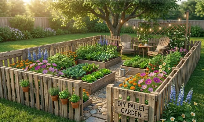 DIY Garden Fence Ideas (12 Cheap and Easy Garden Fences You Can Build This Weekend) 2 Wooden pallet garden fence surrounding a vegetable garden in a backyard.