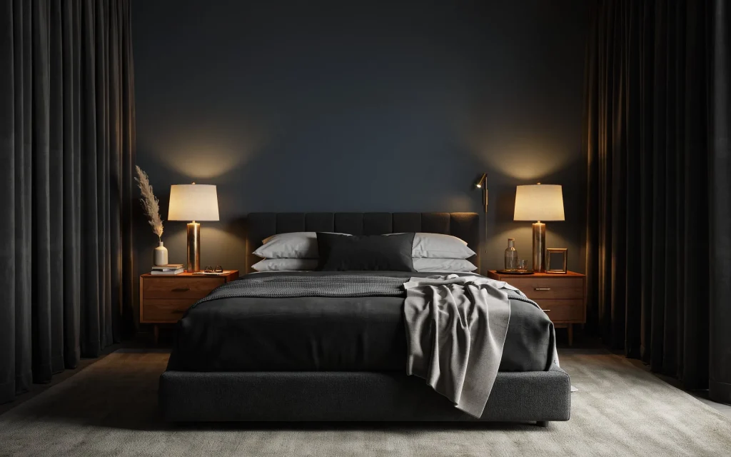 Dark Bedroom Ideas: Transform Your Space with Elegant and Cozy Designs 2 Dark bedroom with charcoal walls and cozy lighting