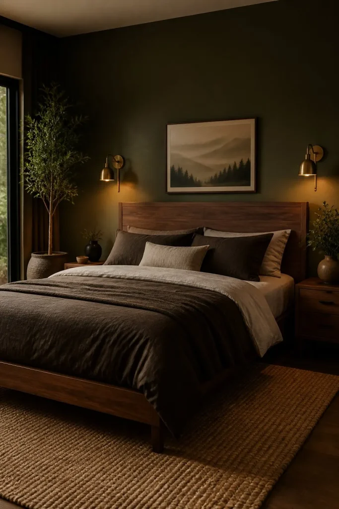 Earthy Bedroom: The Ultimate Guide to Natural and Cozy Interior Design 5 Dark earthy bedroom with walnut furniture and olive green walls
