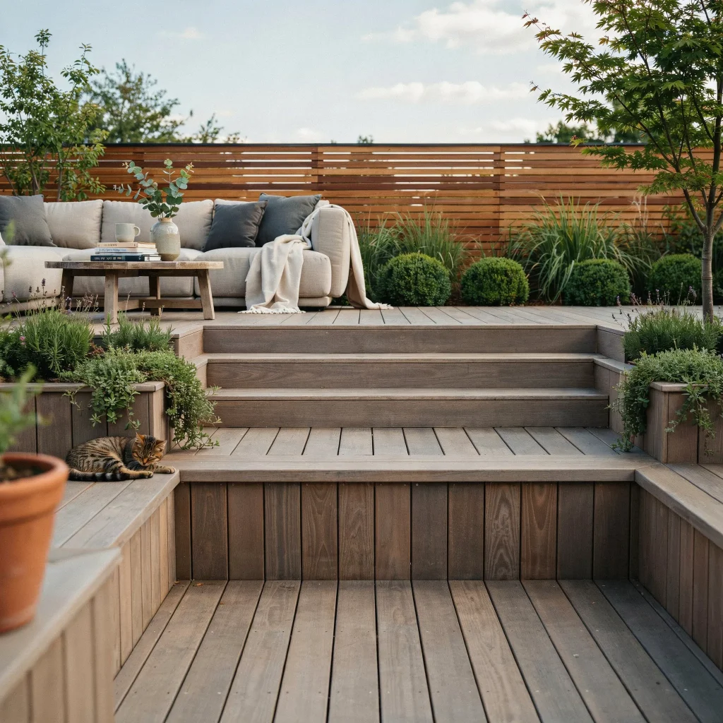 Composite Decking Ideas with Steps for a Beautiful Backyard Upgrade 6 Composite deck with steps and built-in seating area.