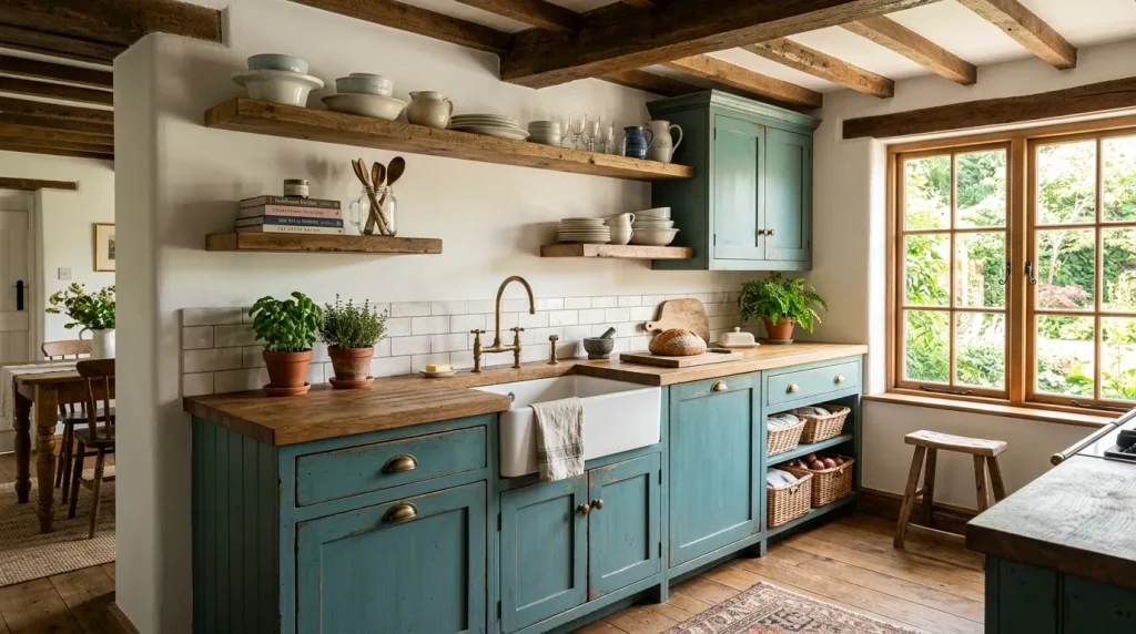 Teal Kitchen Cabinets: 35 Beautiful Design Ideas for a Stylish and Timeless Kitchen 4 Distressed teal kitchen cabinets in a farmhouse kitchen.