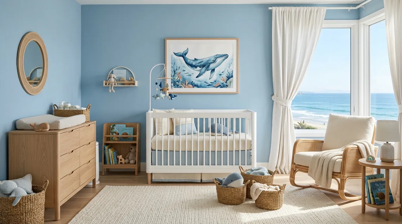 Ocean Nursery Ideas: Create a Dreamy Underwater Ocean Themed Nursery for Your Baby 2 Ocean nursery ideas with whale wall art and coastal-inspired decor