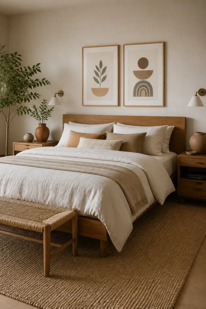 Earthy Bedroom: The Ultimate Guide to Natural and Cozy Interior Design 3 Earthy bedroom furniture with oak wood bed and woven decor