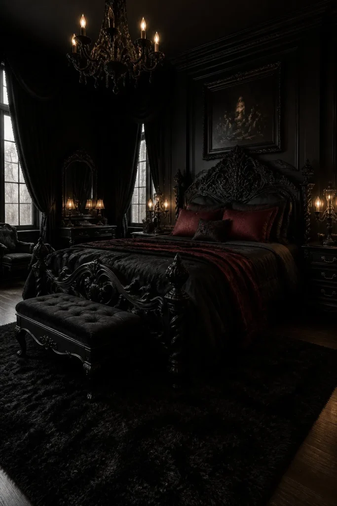 Gothic Bedroom Ideas: Romantic Gothic Bedroom Design Guide for a Dark & Luxurious Space 5 black gothic bedroom with soft lighting and elegant decor