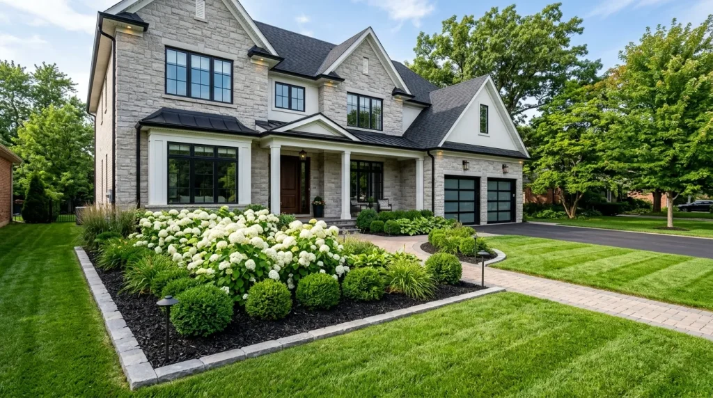 Black Mulch Ideas: 25 Stunning Landscaping Designs to Transform Your Yard 4 Black mulch in front of house with elegant landscaping