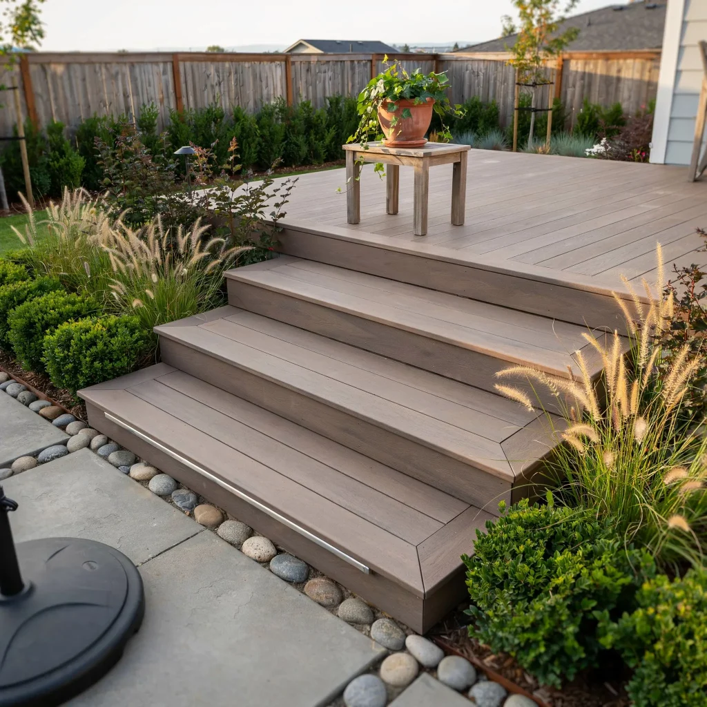 Composite Decking Ideas with Steps for a Beautiful Backyard Upgrade 2 Composite decking ideas with steps leading into a backyard garden.