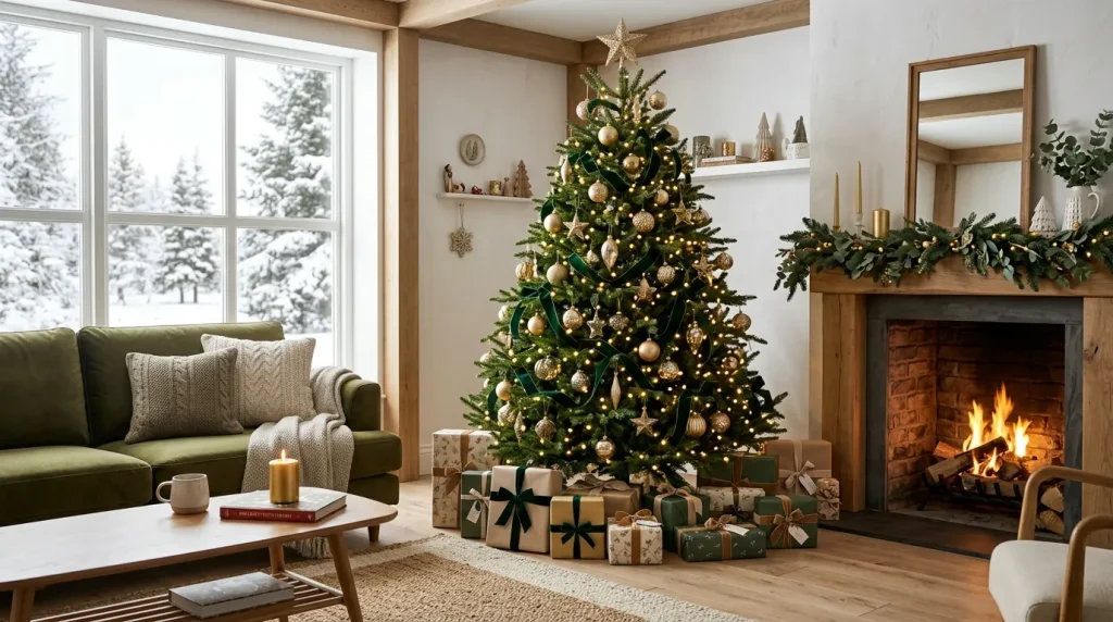 Christmas Tree Ideas: 35 Stunning Ways to Decorate Your Tree for a Magical Holiday Season 2 Elegant decorating green Christmas tree with gold ornaments and warm lights