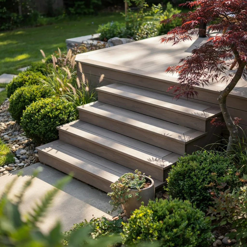Composite Decking Ideas with Steps for a Beautiful Backyard Upgrade 3 Elevated backyard deck overlooking a landscaped outdoor space.