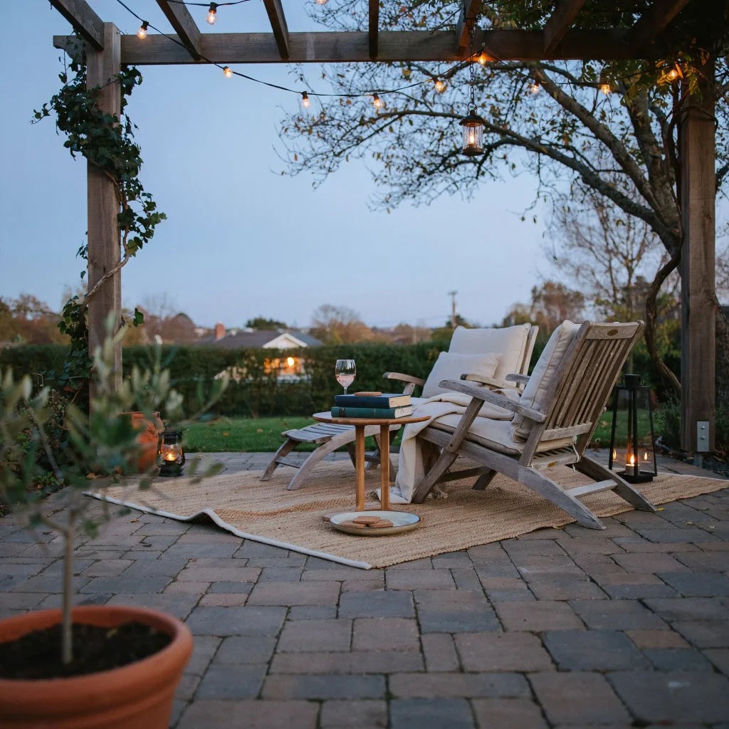 Small Patio Designs with Pavers: Creative Ideas for Stylish Outdoor Spaces 5 Paver patio illuminated with string lights and lanterns.