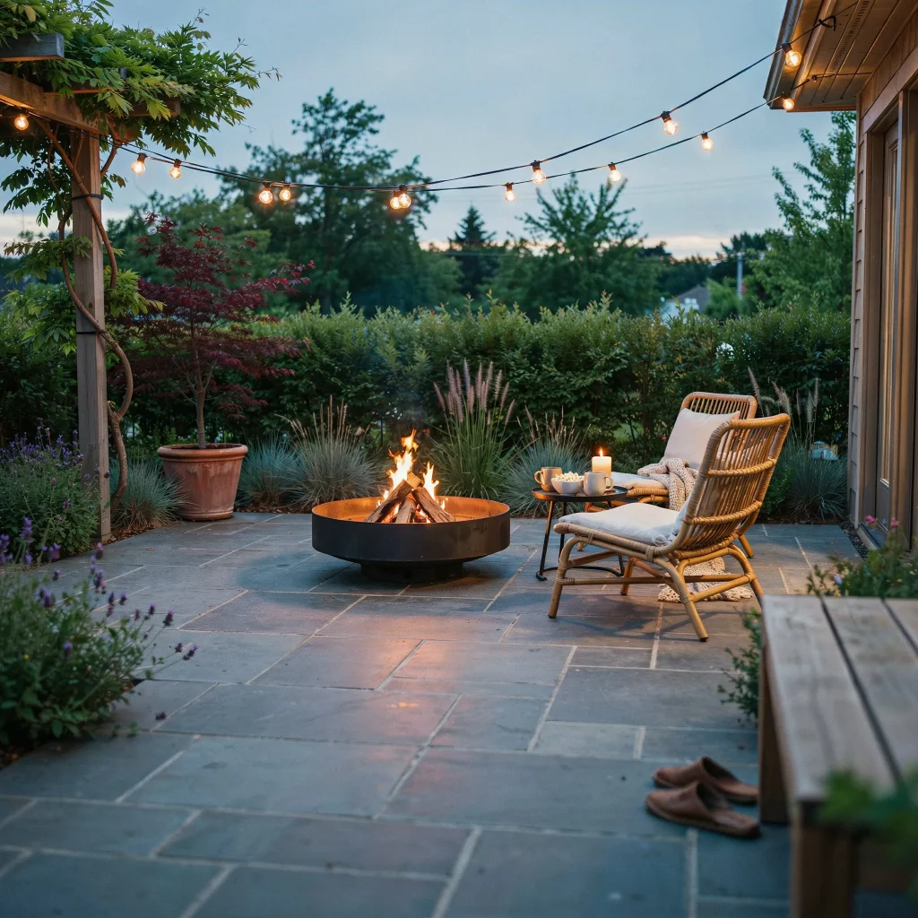 Small Patio Designs with Pavers: Creative Ideas for Stylish Outdoor Spaces 2 Circular fire pit surrounded by paver patio and outdoor chairs.