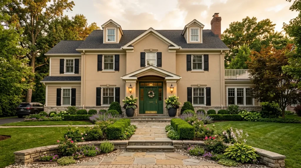 Door Colors: 35 Beautiful Front Door Color Ideas to Instantly Boost Your Home's Curb Appeal 4 Forest green front door color for tan house with black shutters