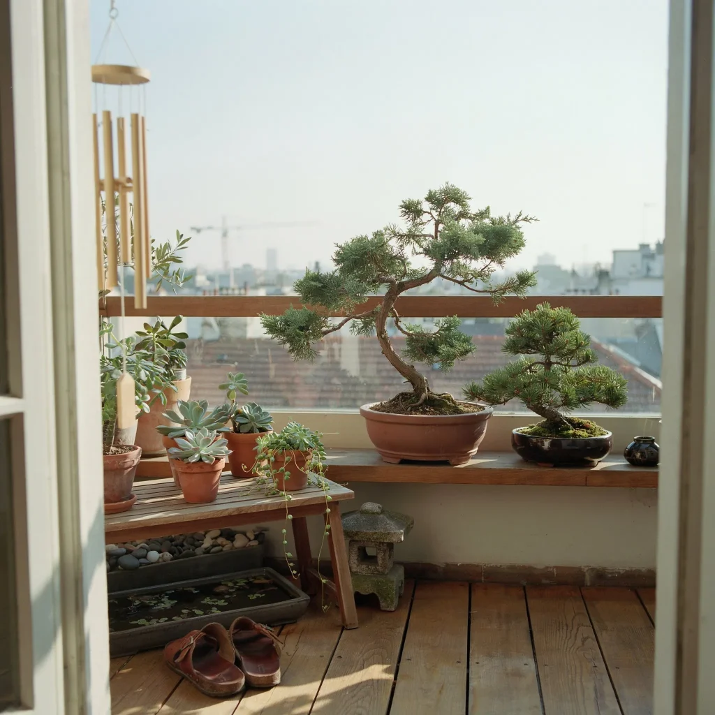 Japanese Balcony Ideas for Small Homes and Apartments 5 Japanese balcony featuring bonsai trees and natural greenery.