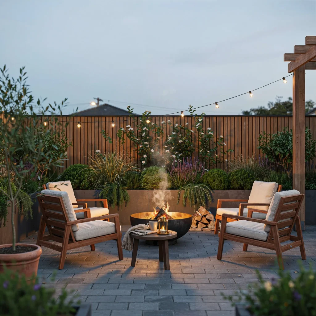 Small Patio Designs with Pavers: Creative Ideas for Stylish Outdoor Spaces 4 Small paver patio surrounded by flowers and decorative landscaping.