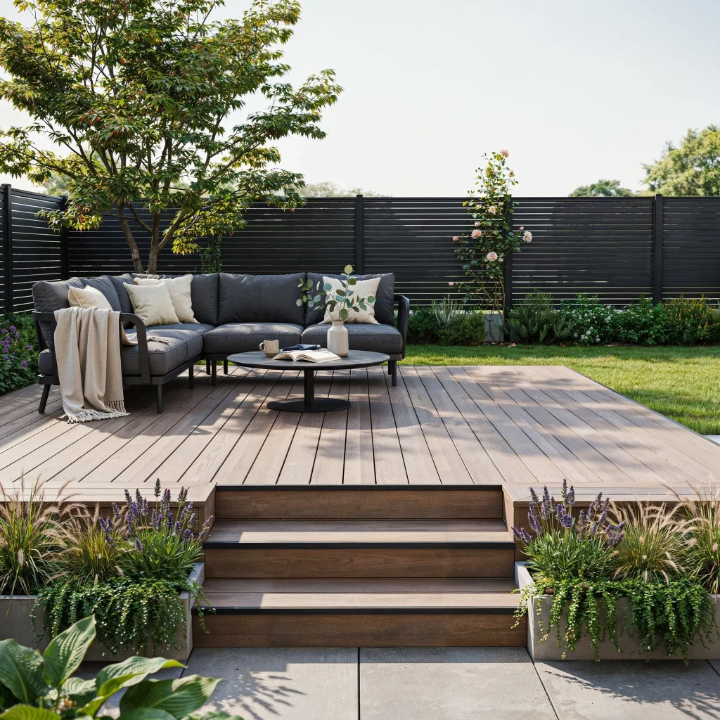 Composite Decking Ideas with Steps for a Beautiful Backyard Upgrade 8 Large composite decking design with steps and outdoor entertainment areas.