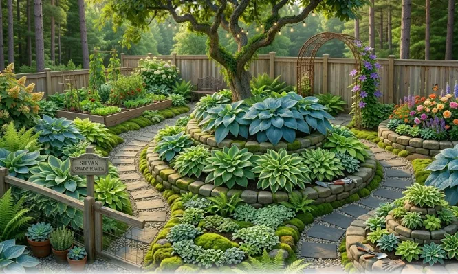 Hosta Garden Layout Ideas (Transform Shady Spaces into Stunning Garden Retreats) 2 Layered hosta garden bed with large, medium, and small hosta varieties.