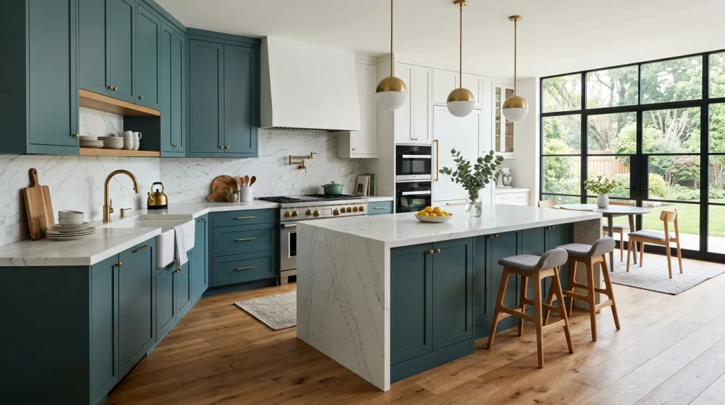 Teal Kitchen Cabinets: 35 Beautiful Design Ideas for a Stylish and Timeless Kitchen 5 Luxury teal and white kitchen cabinets with marble backsplash.