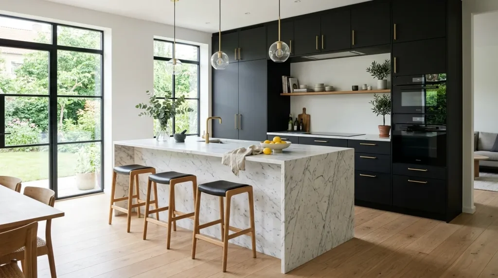 Black Kitchen Cabinets: 35 Stunning Design Ideas for a Modern, Luxurious Kitchen 2 Modern kitchen with black kitchen cabinets and marble island.