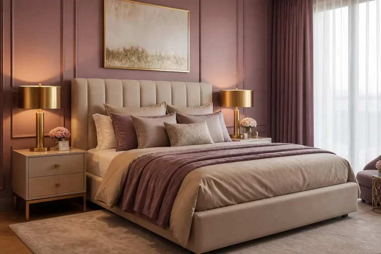 Mauve Bedroom Ideas: Complete Guide to Elegant, Modern & Cozy Interiors 3 mauve bedroom decor with gold lighting and neutral furniture